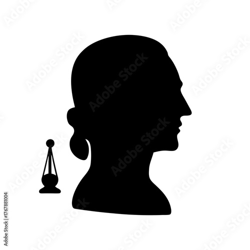 Silhouette portrait of a man alongside a simple balance scale illustration