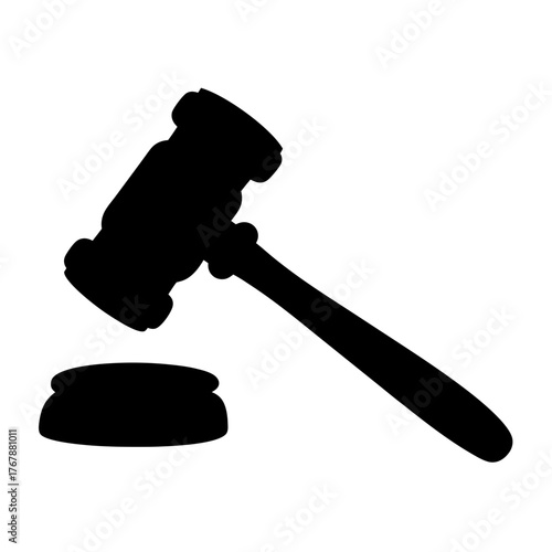 Black silhouette of a gavel striking a sound block on a white backdrop