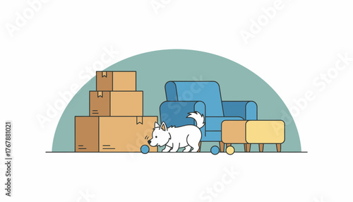 A pet curiously exploring the unfamiliar spaces of a new home sniffing around boxes and looking for familiar furniture.