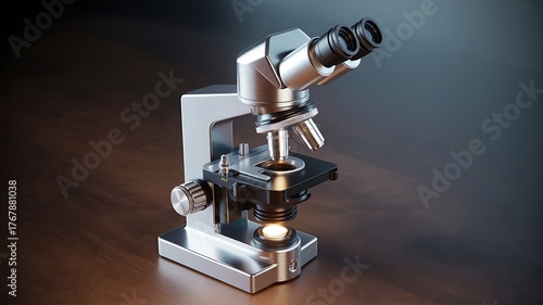 A detailed scientific microscope with dual eyepieces and illuminated stage sits on a dark wooden surface