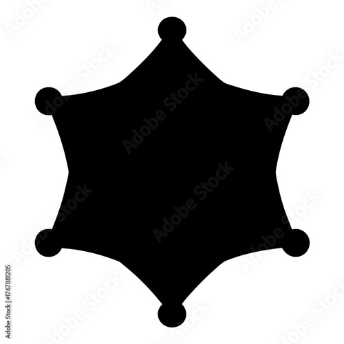 Six point star badge with spherical ends reminiscent of a sheriff star