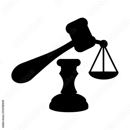 Graphic depiction of justice with a gavel and scales of justice