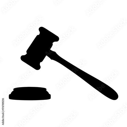 Black silhouette illustration of a gavel and sound block on white background
