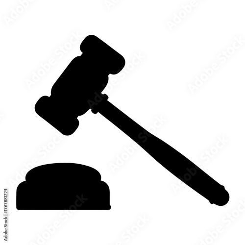 A stark monochrome rendering of a gavel and sound block silhouette