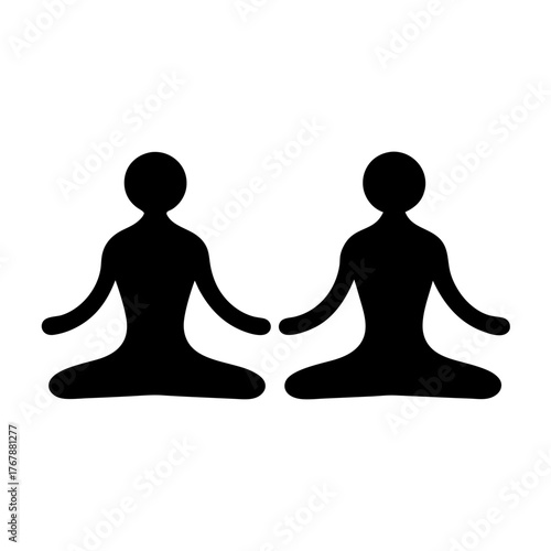 Two Black Silhouettes in Lotus Position Meditating Side by Side on White