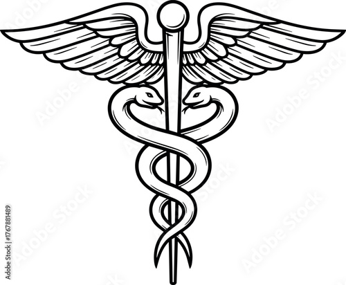 Symbol of Medicine Caduceus with Wings and Intertwined Snakes for Healthcare Concepts