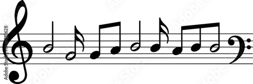 Musical Notation Treble and Bass Clef with Various Note Values Displayed on a Staff