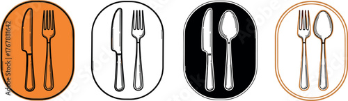 Set of icons depicting cutlery a knife, fork, and spoon, presented in various styles and color schemes for culinary and restaurant applications