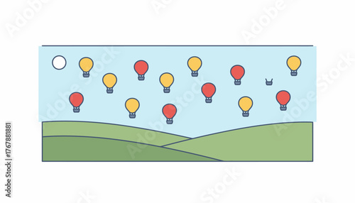 A panoramic view of rolling hills as hot air balloons float above emphasizing the vastness of nature beneath them.