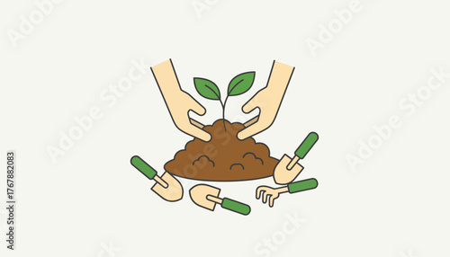 A pair of hands delicately planting a young sapling in nutrientrich soil with diverse garden tools tered nearby.