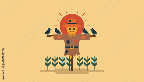 A scarecrow standing lonely in a cornfield with crows perched on its outstretched arms while the sun sets in the background.