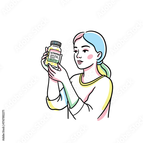 Young woman examining vitamin bottle with thoughtful expression  