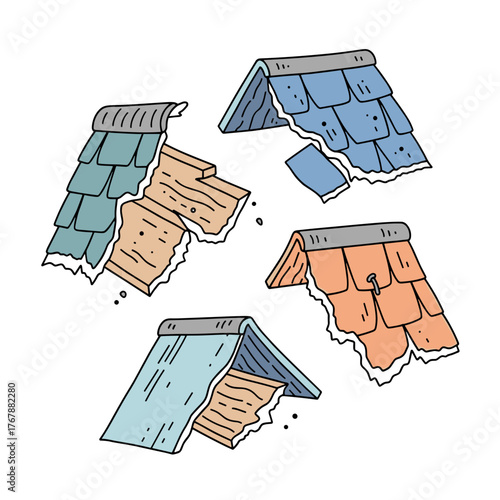 Illustration of various types of colorful roof shingles in different angles  