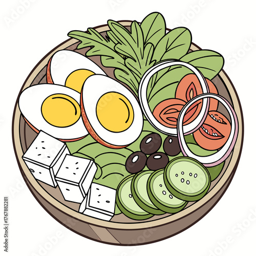 fresh salad, healthy food, vegetable bowl, salad ingredients, cherry tomatoes, hard-boiled eggs, 