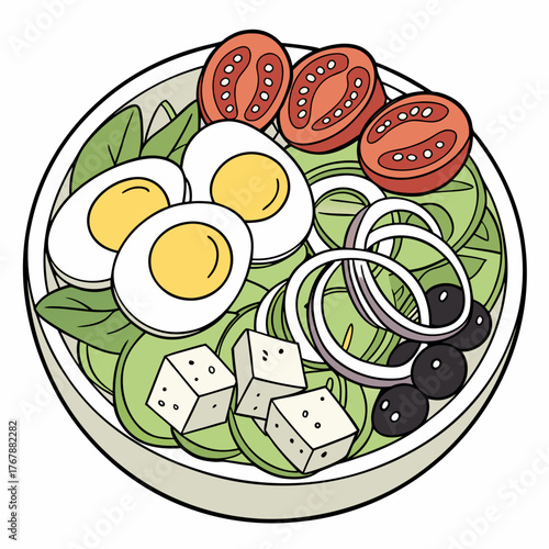 fresh salad, healthy food, vegetable bowl, salad ingredients, cherry tomatoes, hard-boiled eggs, 
