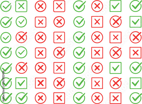 Collection of green check mark and red cross symbols for approval disapproval and decision making