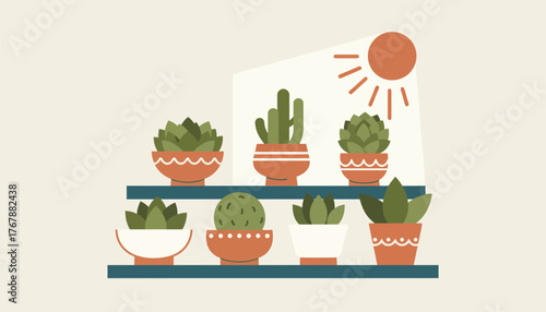 A variety of succulent plants displayed in decorative pots showcasing their unique shapes and colors in a sunlit indoor garden.