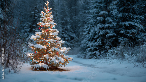 Christmas tree in the snow forest with glowing lights