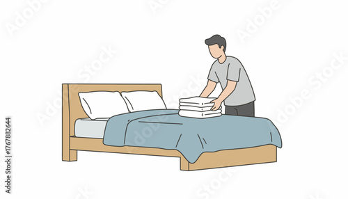 A serene bedroom scene with freshly laundered linens being p on a neatly made bed.