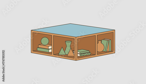 An upcycled wooden crate serving as a coffee table with a glass top and decorative elements in the storage space below.