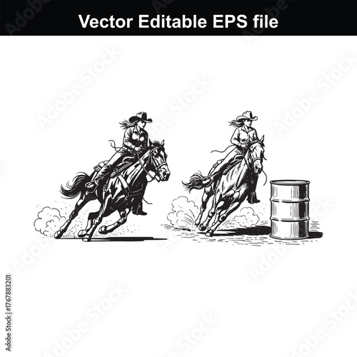 Two cowgirls racing horses around a barrel in a rodeo event