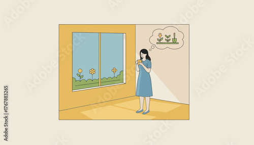 A woman standing in a sunlit kitchen sipping coffee as she gazes out the window planning her new garden.