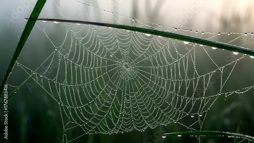 Dew-covered spider web glistens in the morning fog among grass blades