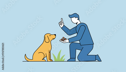 A pet owner training their dog outdoors using treats and hand signals to reinforce commands.