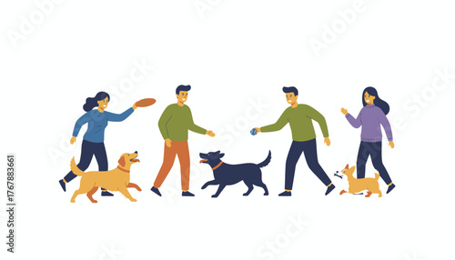 An outdoor pet playdate where multiple dogs are happily interacting and playing fetch with their owners.