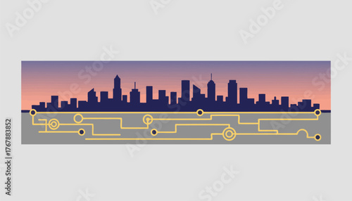 A panoramic view of a city skyline at twilight with illuminated path lights marking popular walking routes and points of interest.