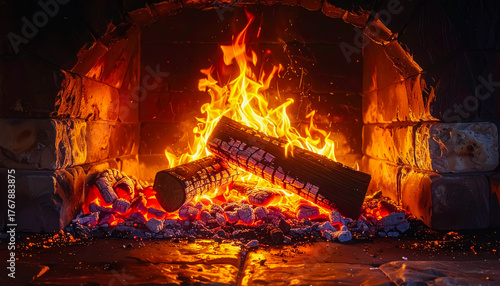 Burning Firewood in a Rustic Stone Fireplace with Glowing Embers and Cozy Atmosphere