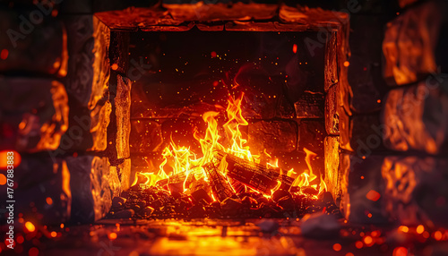 Close-Up View of a Fireplace with Intense Flames and Glowing Logs for a Warm Winter Mood