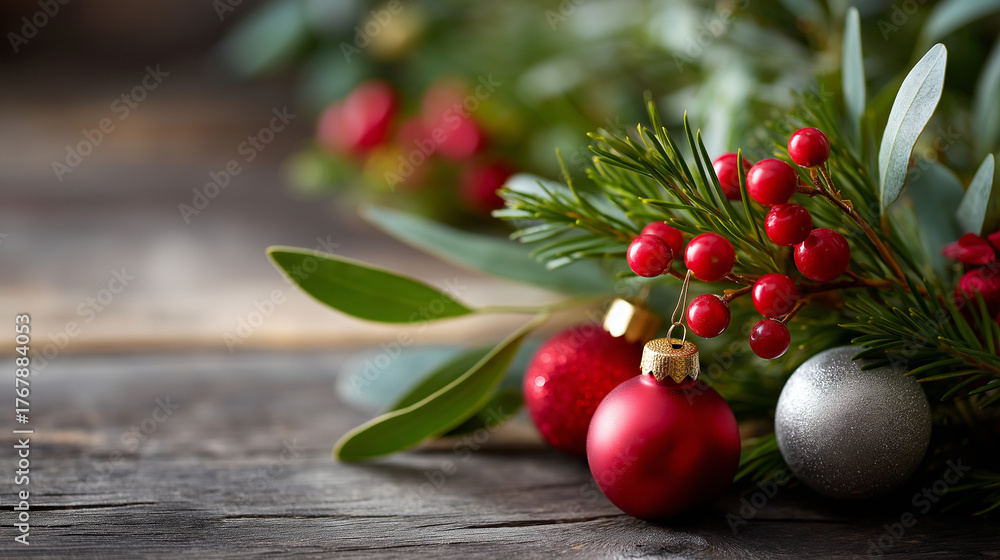 Obraz premium Close up of evergreen branches with holiday ornaments and berries no people visible festive foliage detail Christmas greenery natural decoration winter plants seasonal
