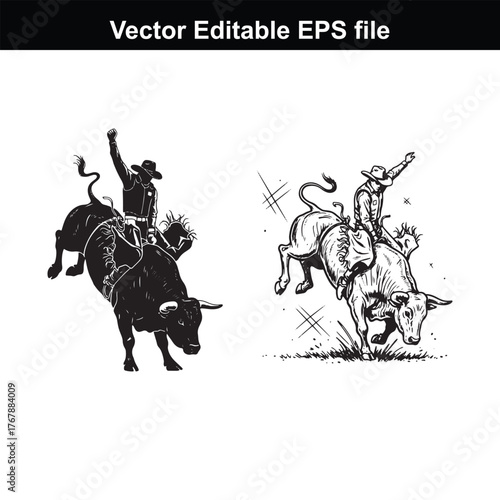 Silhouette and sketch of a cowboy riding a bucking bull with a lasso