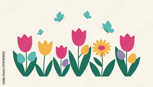 A vibrant garden with butterflies fluttering above where colored eggs are camouflaged a blooming tulips and daisies.