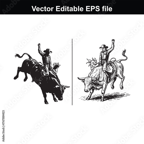 Bull rider in silhouette and detailed drawing, rodeo action