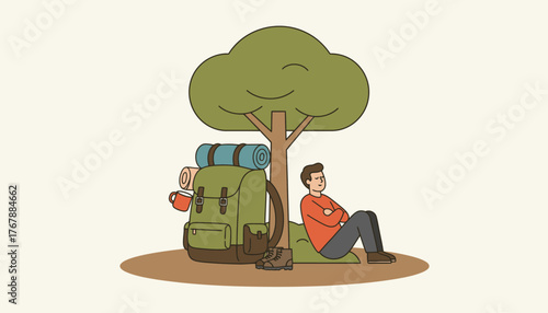 A rugged backpack filled with camping gear propped up against a tree as the backpacker rests nearby.