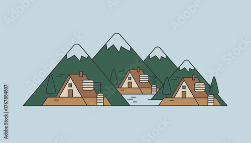 A panoramic view of a mountain landscape where ecofriendly cabins are nestled utilizing rainwater harvesting systems and composting s.