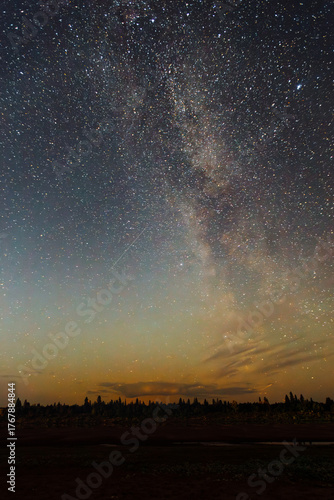 Night sky filled with stars and the Milky Way galaxy, showcasing a breathtaking cosmic view over a serene landscape with silhouettes of trees and soft horizon glow