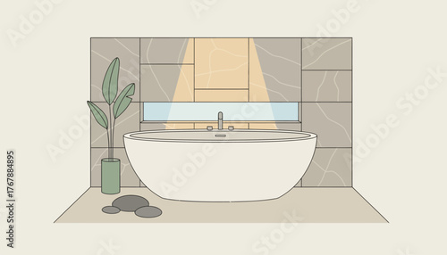 A spalike bathroom retreat featuring a freestanding tub natural stone finishes and soft lighting for a serene atmosphere.