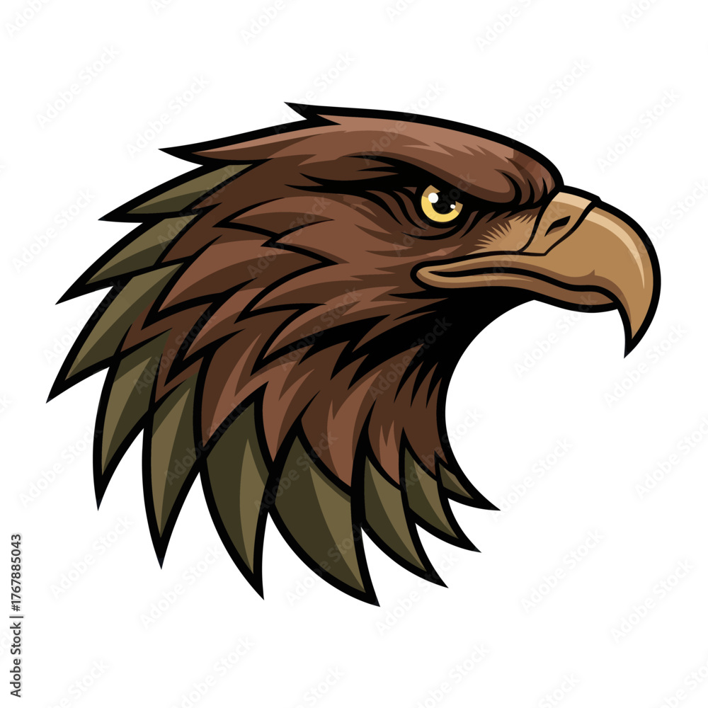 Fototapeta premium Fierce Brown Eagle Head with Sharp Beak and Intense Gaze, Vector Illustration.