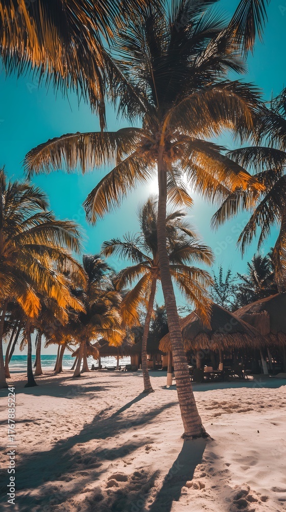 Fototapeta premium Serene Beach with Palm Trees and Stunning Sunset Over Ocean