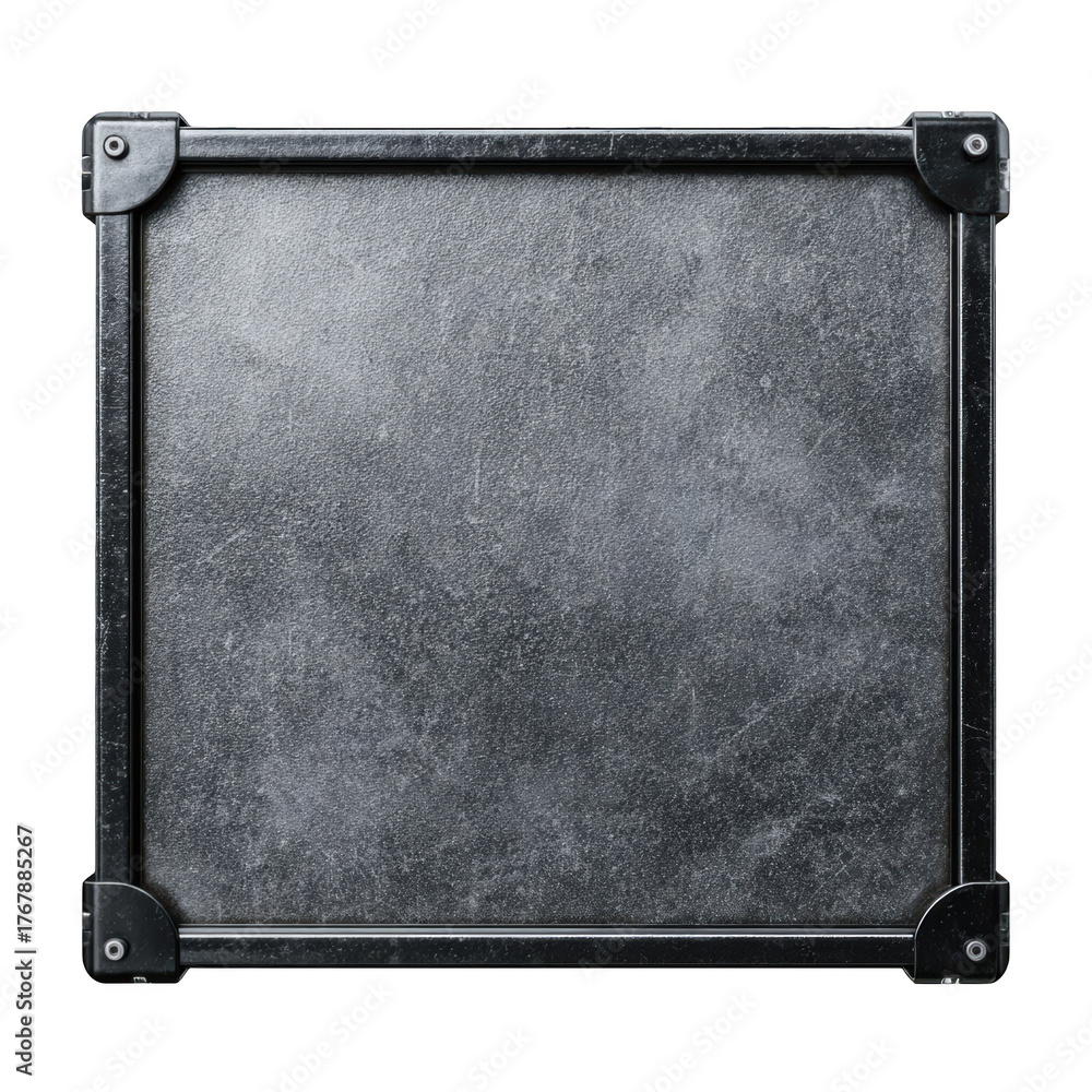 Obraz premium A weathered square metal plate with a dark reinforced frame and corner guards isolated on a , isolated on transparent background, perfect cutout, PNG