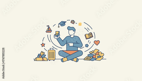 A person sorting through mementos and keepsakes deciding what to pack and what to discard surrounded by memories.