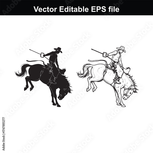 Two cowboys riding bucking horses in silhouette and line art