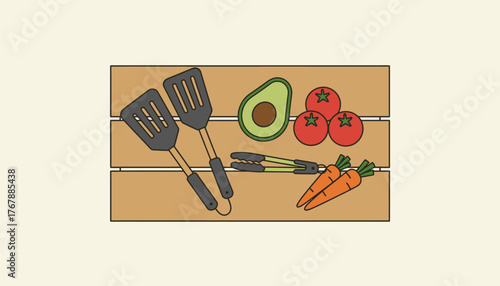 A set of durable cooking utensils including a spatula and tongs laid out on a picnic table alongside fresh ingredients for meal prep.