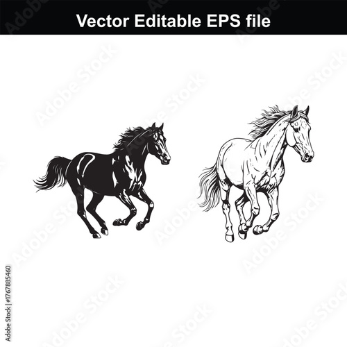 Two horses, one black silhouette and one line drawing, running