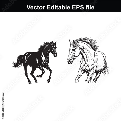 Two black and white vector illustrations of horses running