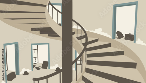 A spiral staircase in an abandoned hotel coated in dust and mystery leading to forgotten rooms filled with remnants of past lives.