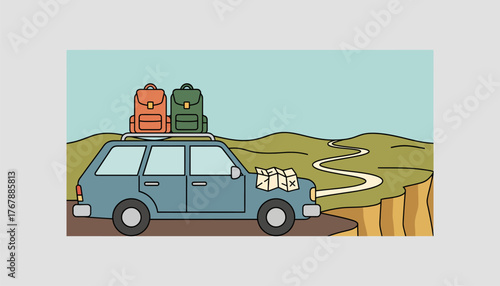 A road trip setup with a car parked by a scenic overlook loaded with backpacks and a map spread out on the hood.